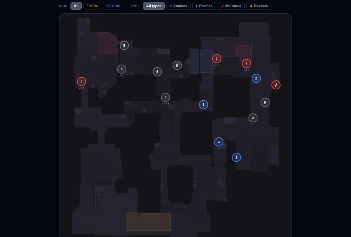 Interaktywne narzędzie ustawek Dust2 w GetReplay z filtrami smoków, flashy i molotovów