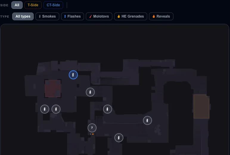 Herramienta interactiva de lineups de Mirage en GetReplay con filtros de humos, flashes y molotov