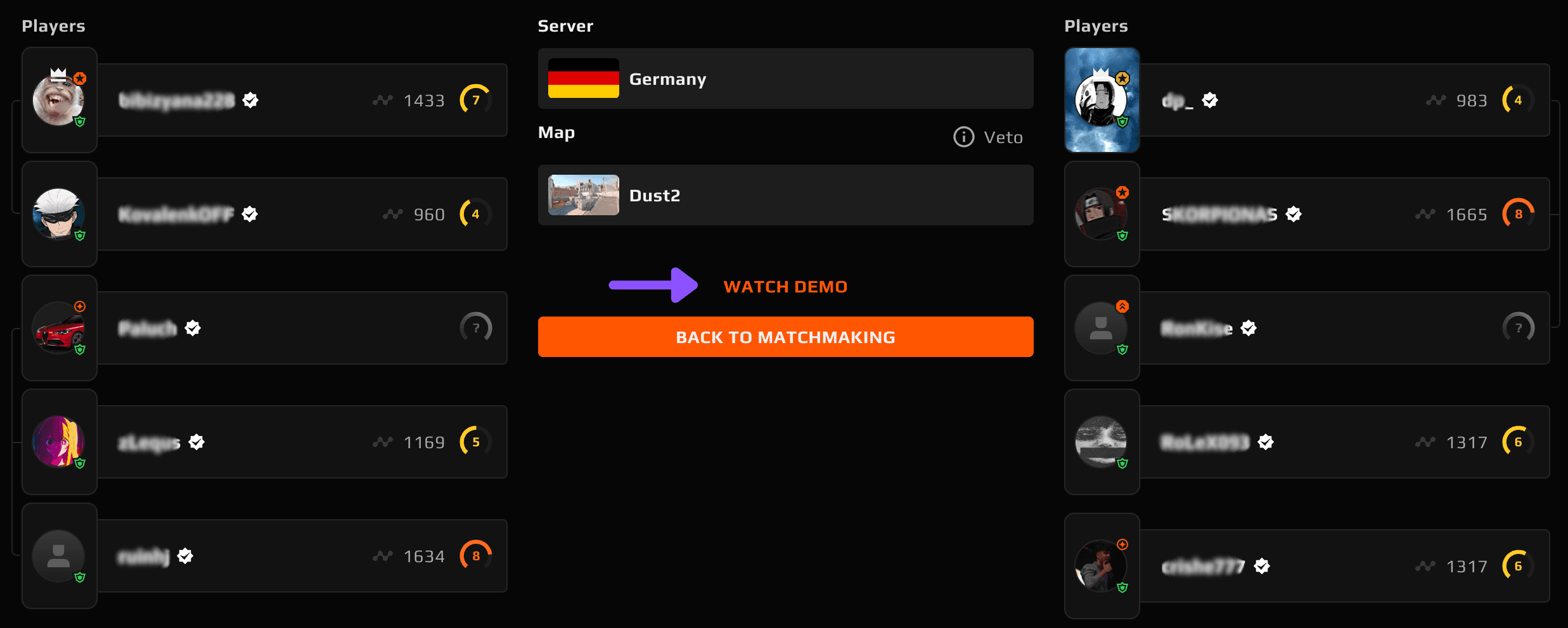 Página de una partida de FACEIT con el botón de descarga Watch Demo resaltado